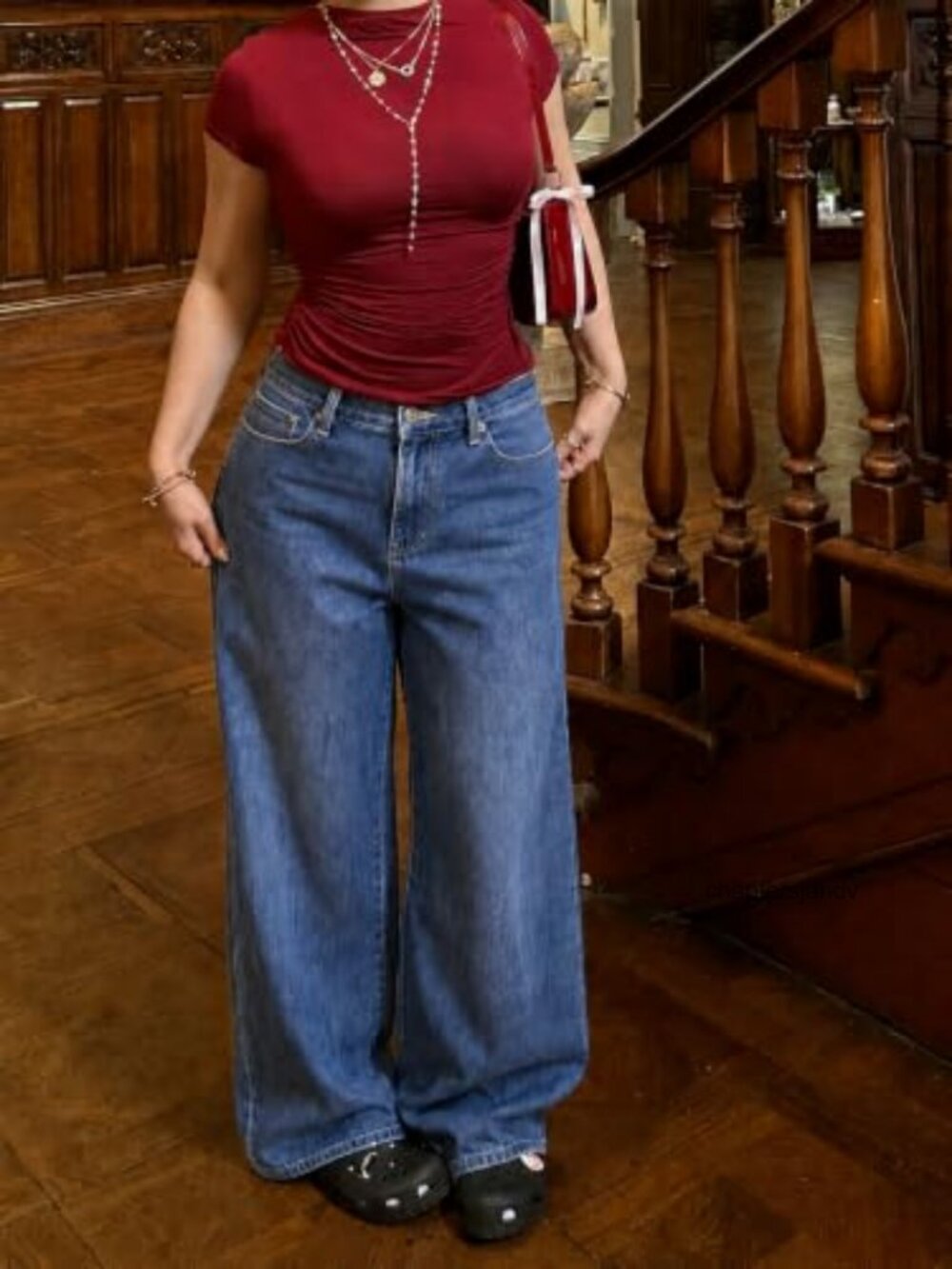 Plus Size High Rise Wide Leg Jeans Pintuck Rope Belt - Picture 6 of 6